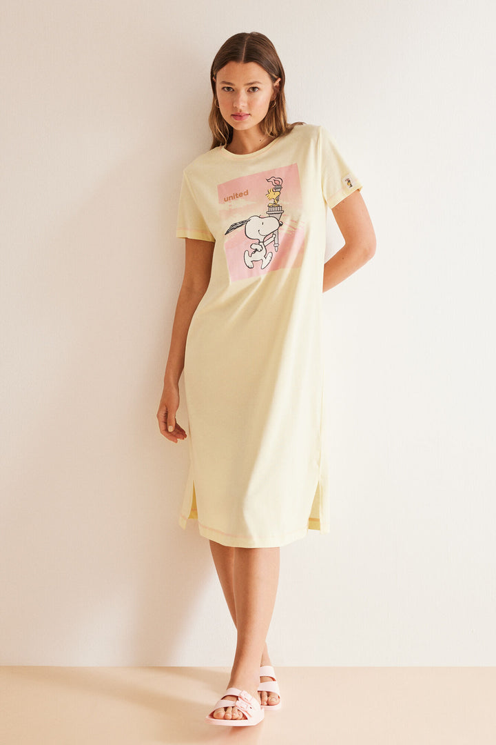 Yellow cotton Snoopy midi nightgown - Green Print