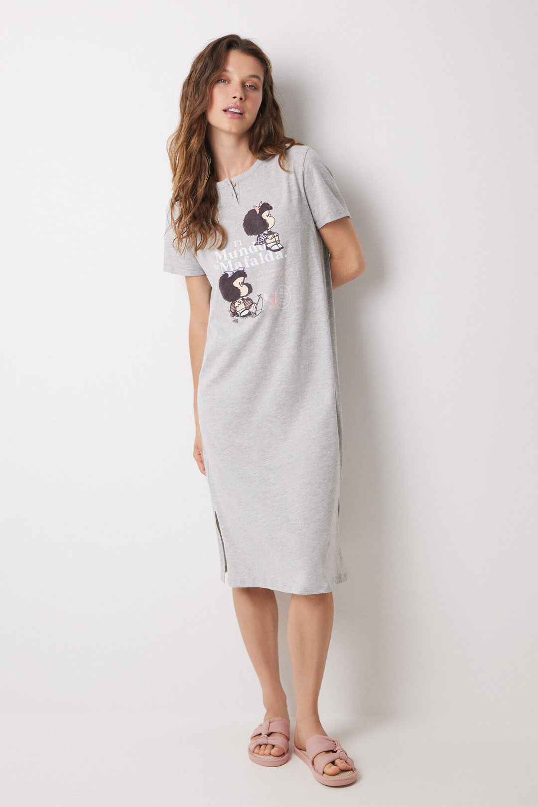 Mafalda 100% cotton midi nightgown - Medium Grey
