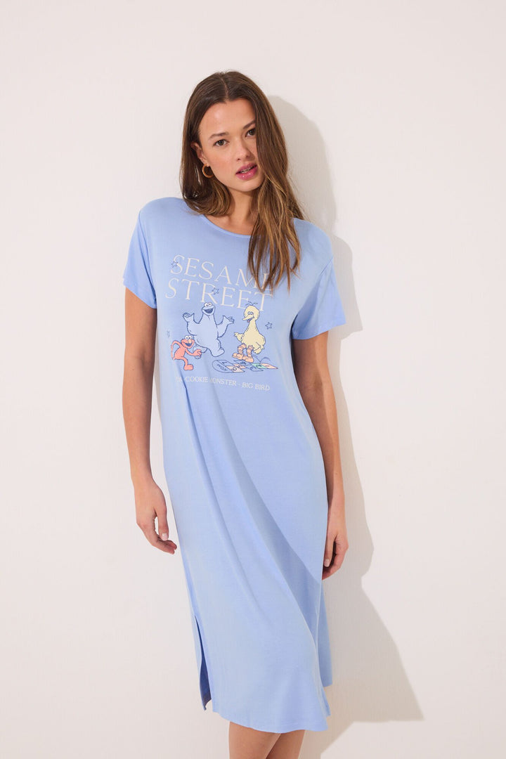 Short Sleeves Medium Nightdress - Medium Blue