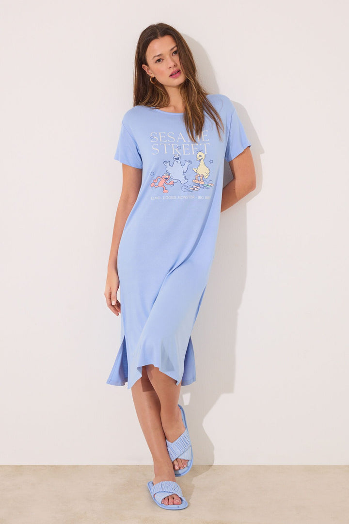 Short Sleeves Medium Nightdress - Medium Blue
