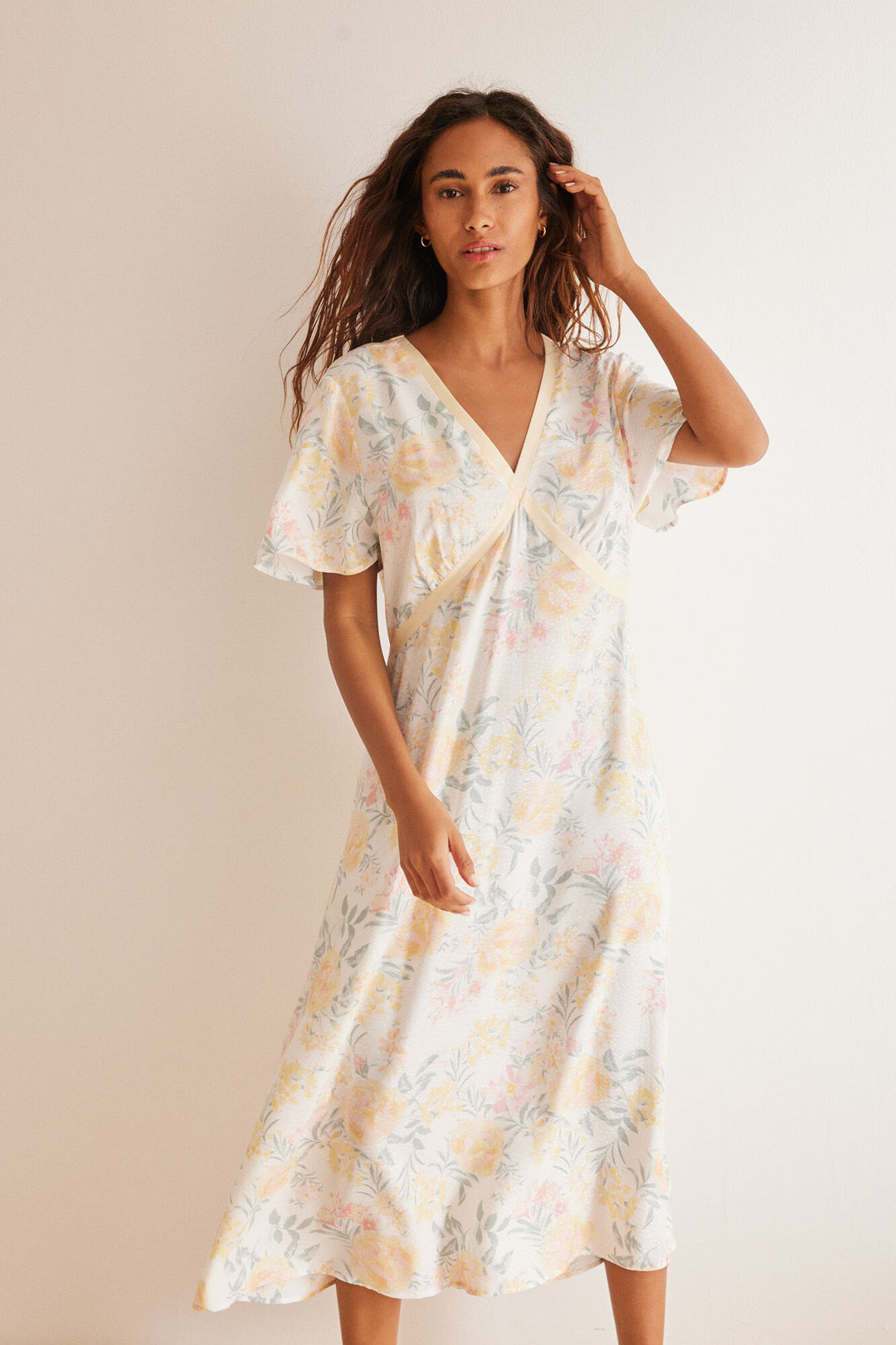 Floral print viscose midi dress - Ivory