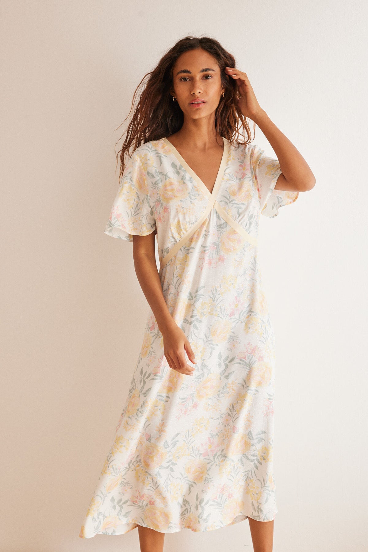Floral print viscose midi dress - Ivory