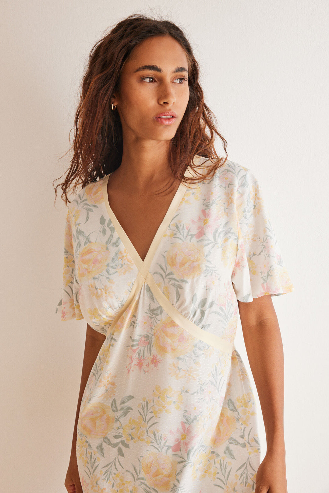 Floral print viscose midi dress - Ivory