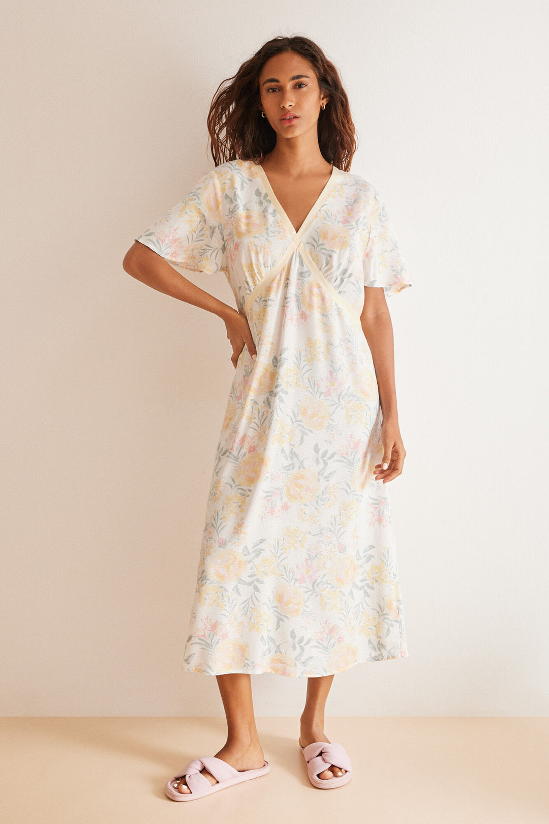 Floral print viscose midi dress - Ivory