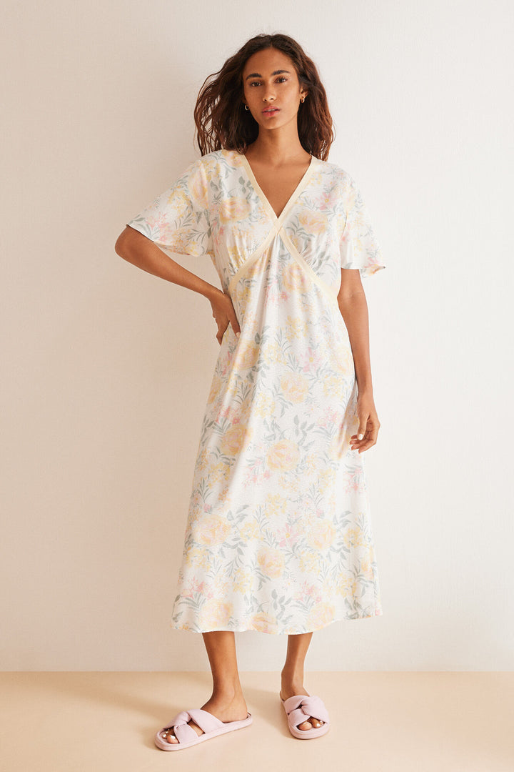 Floral print viscose midi dress - Ivory