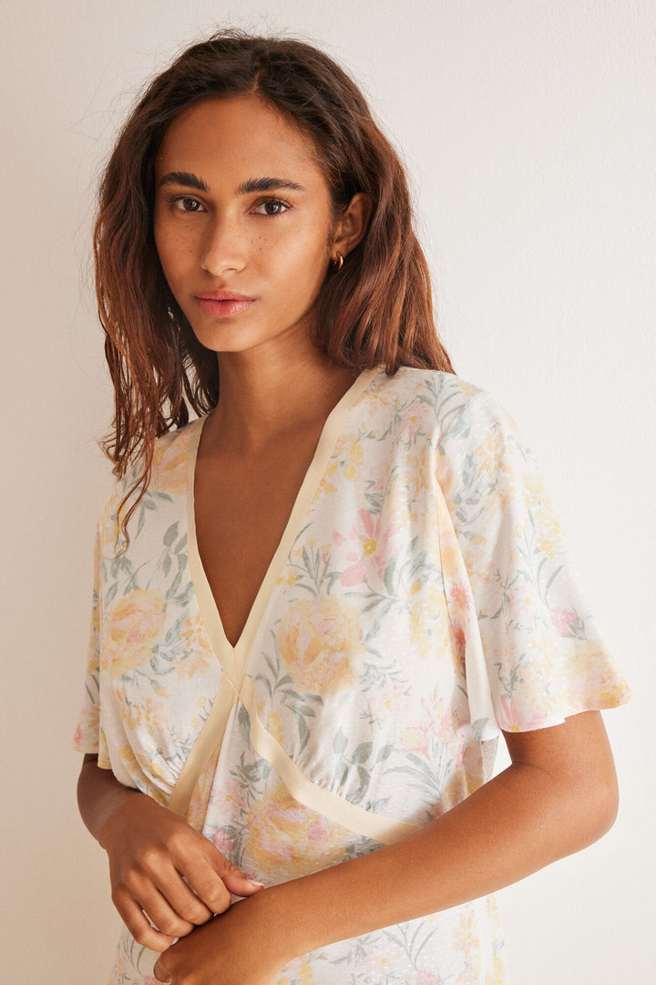 Floral print viscose midi dress - Ivory