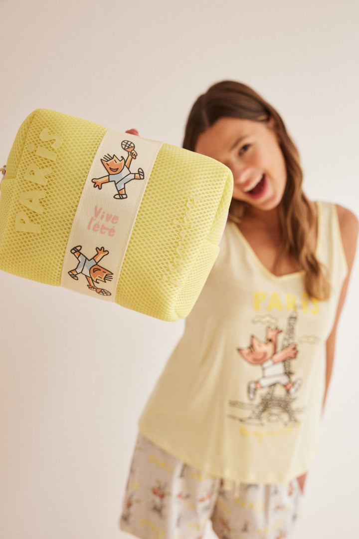 Small yellow make-up case with PINK - Green Print