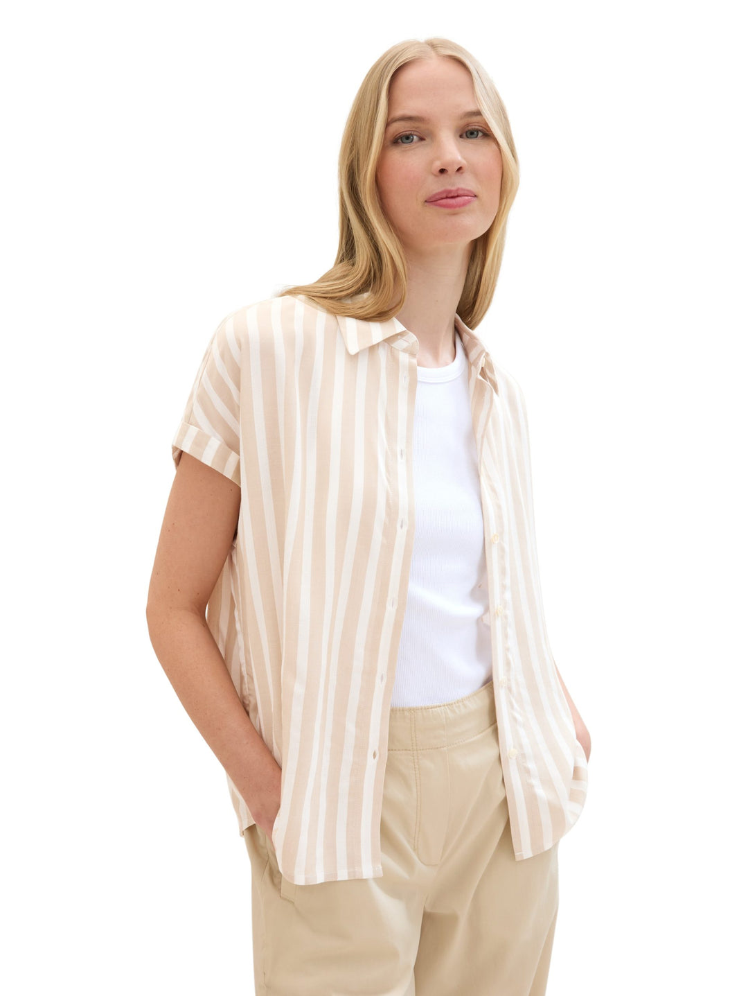 Striped short-sleeved shirt - Beige