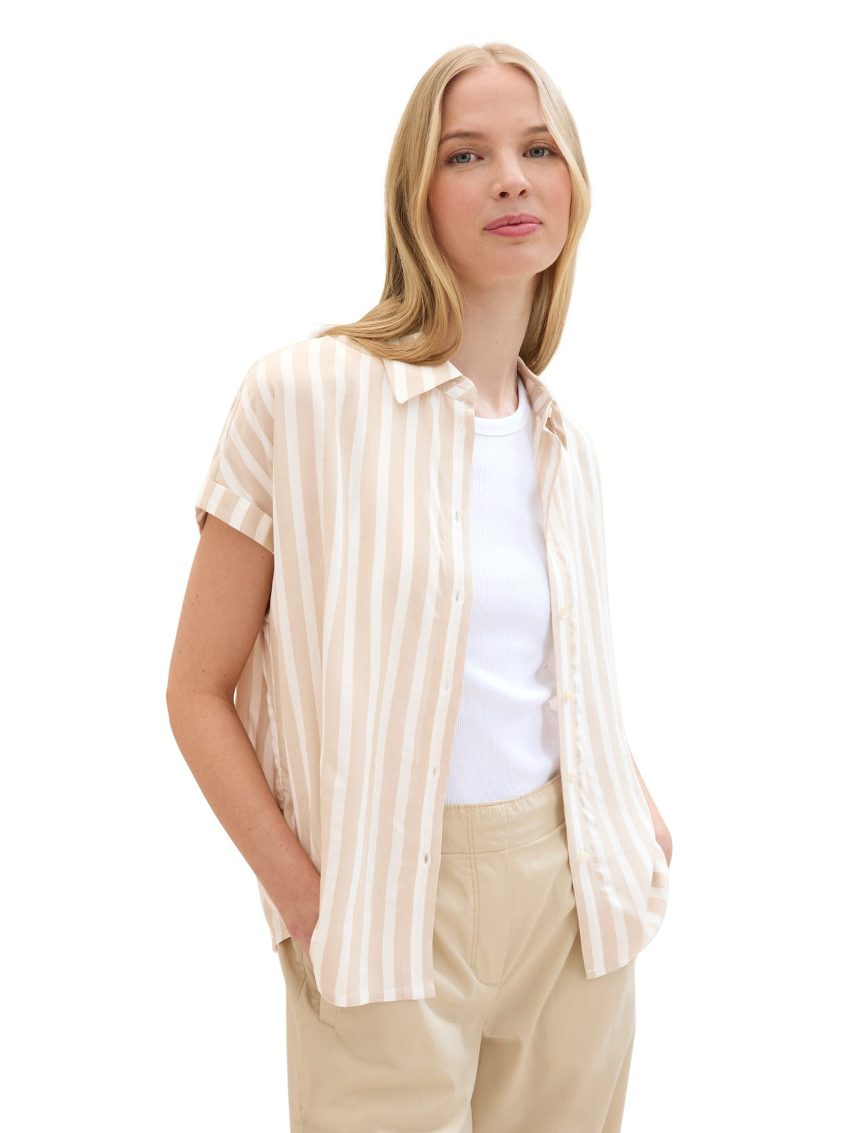 Striped short-sleeved shirt - Beige