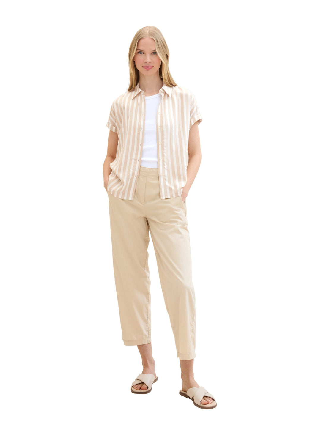 Striped short-sleeved shirt - Beige
