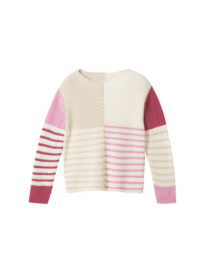 Knit Patched Stripe Pullover - Pink