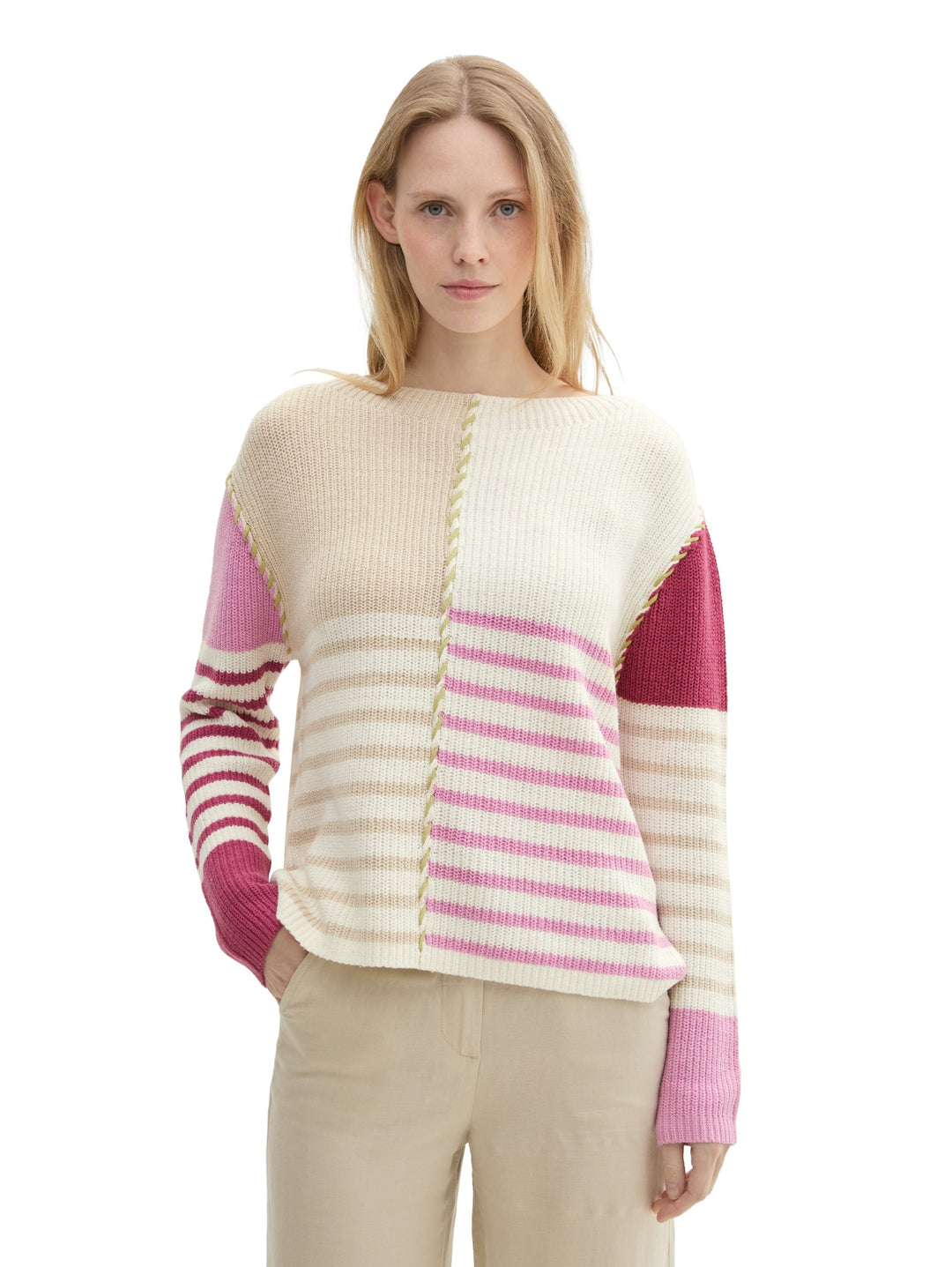 Knit Patched Stripe Pullover - Pink
