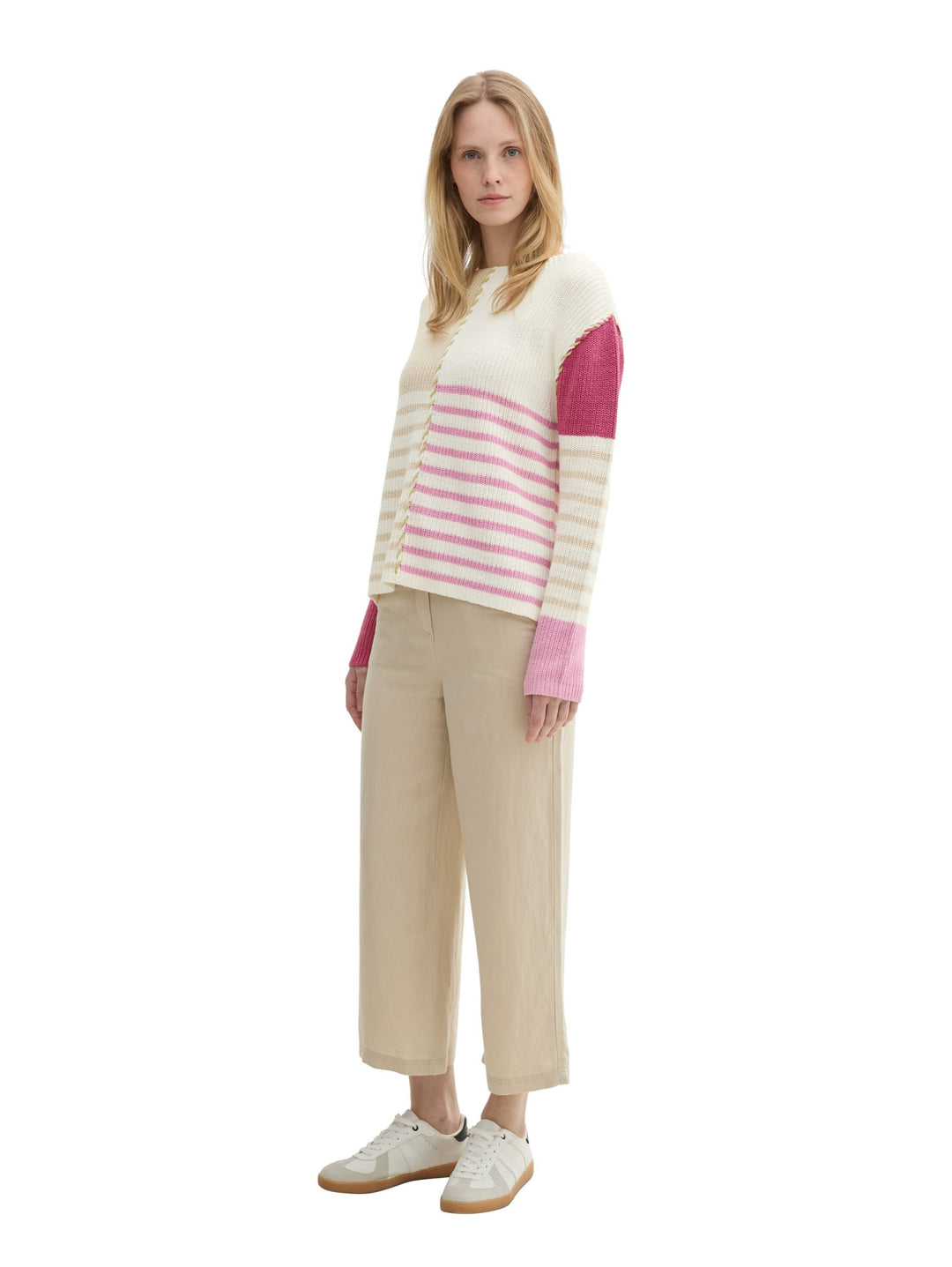 Knit Patched Stripe Pullover - Pink