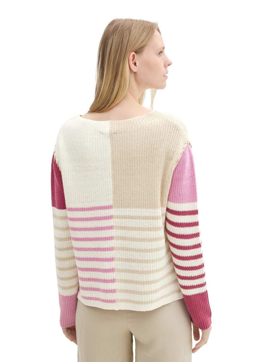 Knit Patched Stripe Pullover - Pink