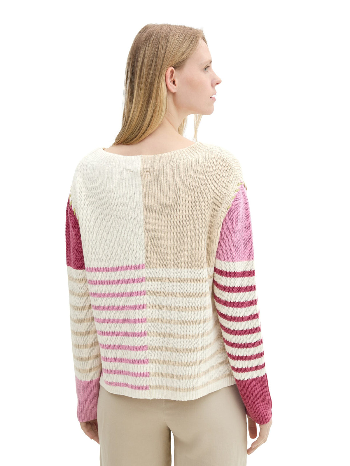 Knit Patched Stripe Pullover - Pink