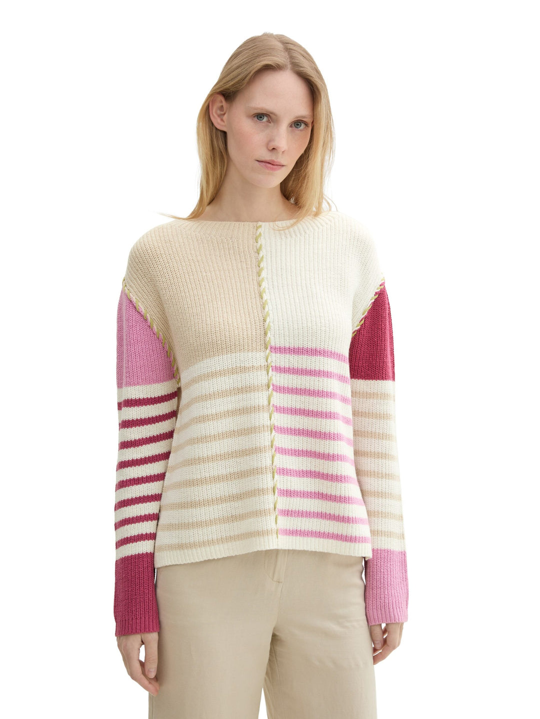 Knit Patched Stripe Pullover - Pink
