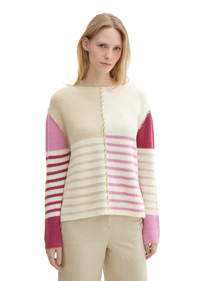 Knit Patched Stripe Pullover - Pink