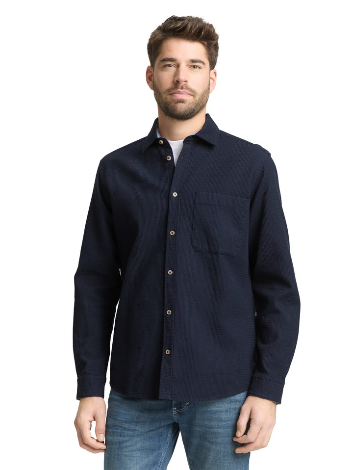 Regular fit shirt with waffle texture - Blue