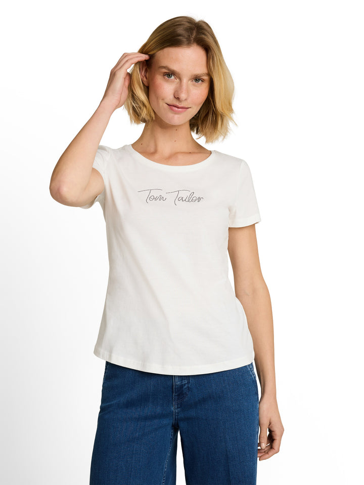 T-Shirt With Logo Rhinestones - Whisper White
