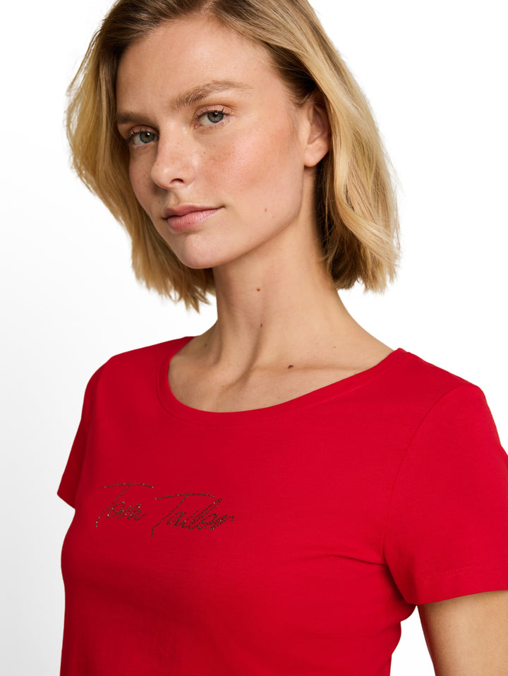 T-Shirt With Logo Rhinestones - Soft Scarlet Red