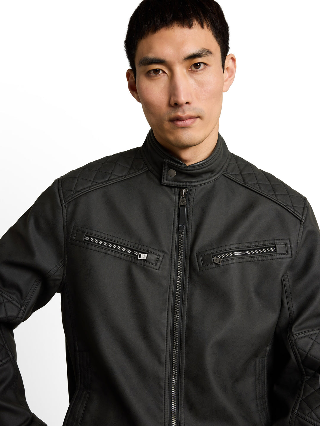 Faux Velour Touch Leather Jacket - Black