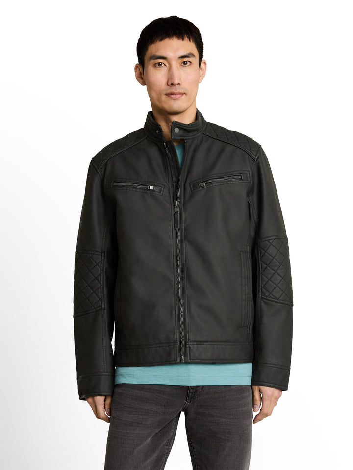 Faux Velour Touch Leather Jacket - Black