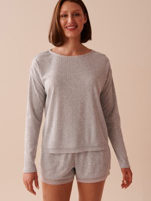 Lace Trim Pointelle Knit Long Sleeve Shirt