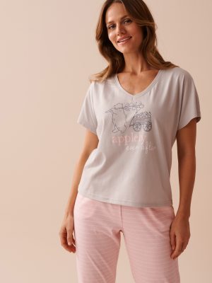 Apple Print Cotton V-neck T-shirt