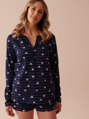 Cat Print Cotton Long Sleeve Henley Shirt