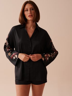 Black Bouquet Satin Long Sleeve Button-down Shirt