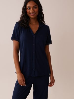 Lace Trim Ribbed Jersey Button-down Shirt