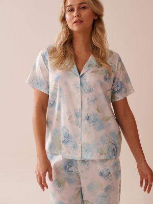 Blue Rose Print Satin Button-down Shirt
