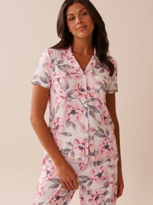 Camellia Print Lace Trim Super Soft Button-down Sh