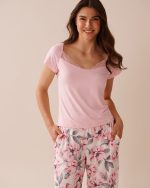 Camellia Print Lace Trim Super Soft T-shirt