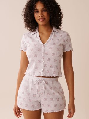 Crown Print Ribbed Short Sleeve Button-down Shirt