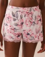 Camellia Print Lace Trim Super Soft Pajama Shorts