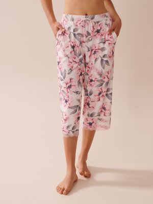 Camellia Print Lace Trim Super Soft Pajama Capris