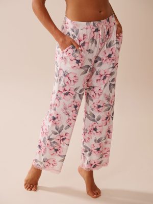 Camellia Print Lace Trim Super Soft Pajama Pants