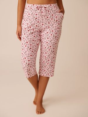 Pink Floral Print Ribbed Jersey Pajama Capris