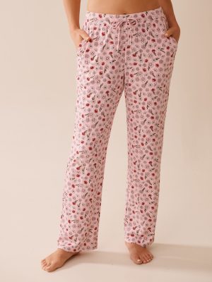 Pink Floral Print Ribbed Jersey Pajama Pants
