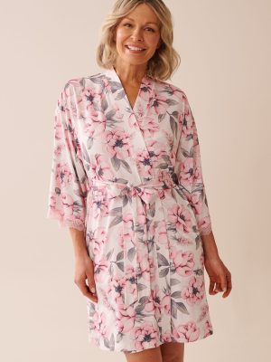Camellia Print Lace Trim Super Soft Kimono