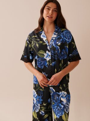 Rose Print Satin and Lace Trim Button-down Shirt