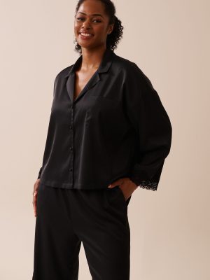 Satin and Lace Trim Long Sleeve Button-down Shirt