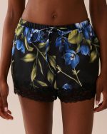 Rose Print Satin and Lace Trim Shorts