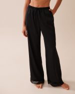 Rose Print Satin and Lace Trim Pants