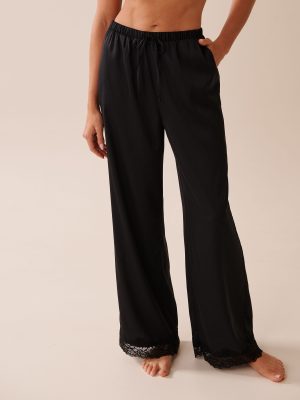 Rose Print Satin and Lace Trim Pants