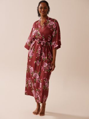 Rose Print Satin Long Kimono